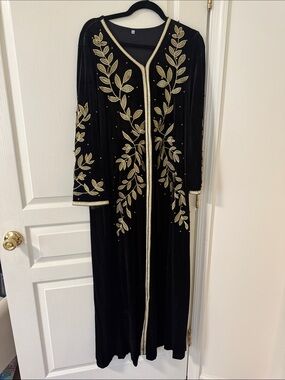 Embroidered Black Velvet kaftan with Gold Leaf Detail